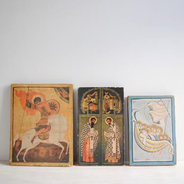 Vintage Wood Wall Plaques, Trio of Religious Art Wall Hangings 