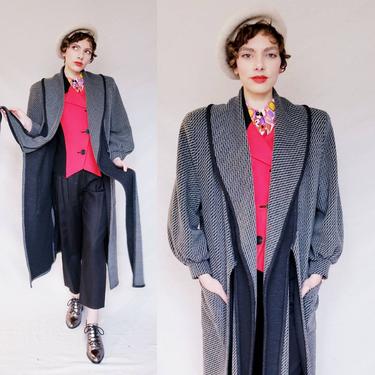 1980s Oversized Coat in Gray and Black / 80s Power Shoulders Coat Large Shawl Collar Attached Scarf / M to L 