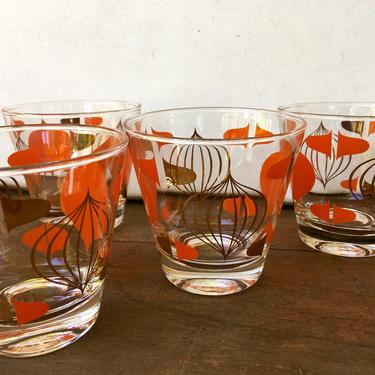 Mid Century Modern Low Ball Glasses Set Of 4, Retro Anchor Hocking Orange And Gold Old Fashioned Glasses With Atomic Onion Shaped Design 
