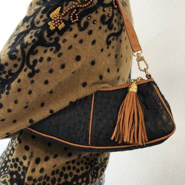 Vintage Scuola Del Cuoio Black Ostrich Shoulder Bag With Brown Strap And Tussle 