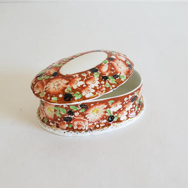 Antique Victorian Ceramic Trinket Box, Vintage Delphine Pottery England, Oval Pill Box, Pretty Red Floral, Space to Personalize 