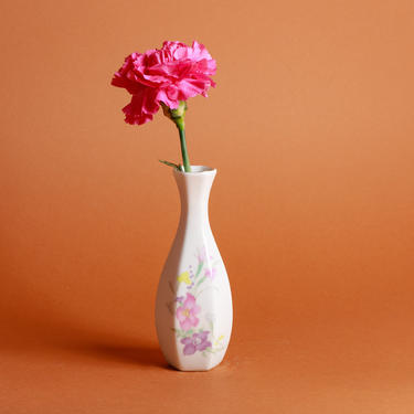 80s White Pastel Flower Hourglass Gold Trim Vase 