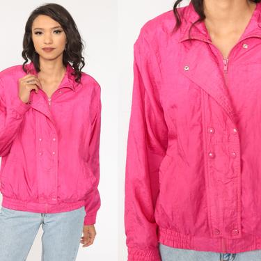 Neon Windbreaker Jacket 90s Neon Hot Pink Shiny 1990s Sportswear Zip Up Coat Jacket Sports Vintage 80s Medium 