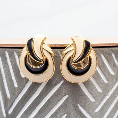 Vintage 1980s Trifari Art Deco Earrings - Black & Off-White Enamel Oval Statement Earrings 