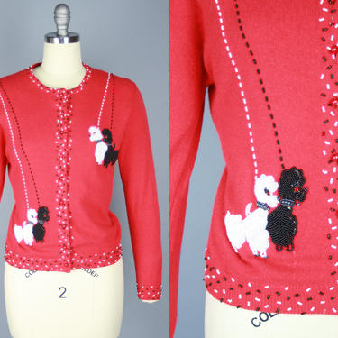 1950s POODLE Cardigan | Vintage 50s 60s Red Sweater with Black &amp; White Poodle Beadwork | medium 