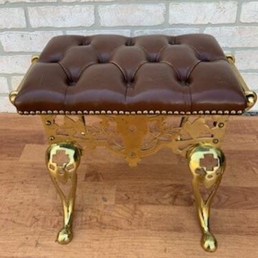 Vintage Brass Base Italian Leather Tufted Foot Stool/Bench 