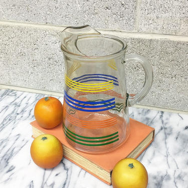 Vintage Glass Pitcher Retro 1970s Rainbow Stripe + Water + Orange Juice + Iced Tea + Lemonade + Serving Drinks Pitcher + Kitchen Decor 