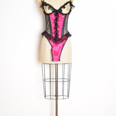 vintage 80s lingerie teddy cutout bodysuit pink black Frederick's of Hollywood S clothing fetish negligee 