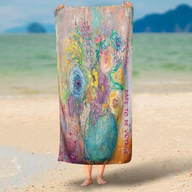 Floral Beach Bathroom Towel ~ Whimsical Spring Flowers ~ Flower Towels ~  Flower Bath Decor ~ Bath Beach Towel ~ Beach House ~Original Art 