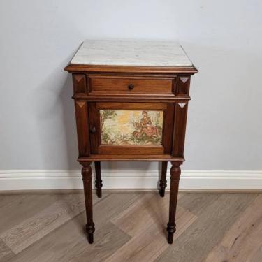 19th Century French Louis XVI Style Antique Tapestry Panel Bedside Cabinet Nightstand or End Table 