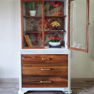 White and Wood China Cabinet. Refinished Antique Cabinet. Art Deco Hutch. 