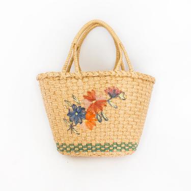 Vintage Basket Purse - 1960s Woven Floral Brown Top Handel Market Tote Bag 60s 