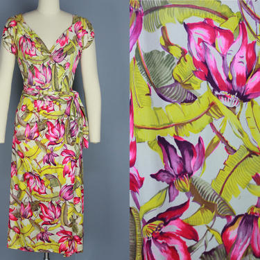 1940s TROPICAL Rayon Jersey Dress | Vintage 40s Floral Print Dress with Sarong Skirt | small 