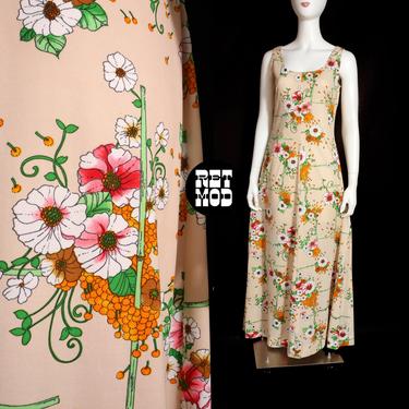 Unique Vintage 70s Beige Green Orange Flowers &amp; Bamboo Patterned Maxi Dress 