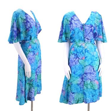 80s TIE DYE silk dress M / vintage 1980s blue fluttery summer dress medium 70s 