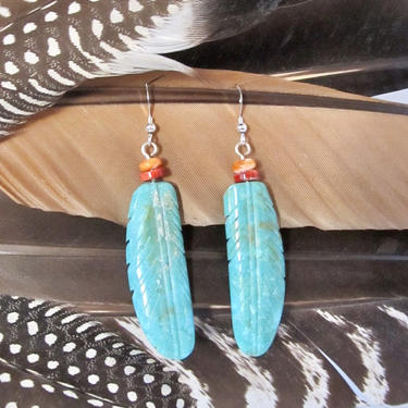 FINE FEATHER Navajo Dangle Drop Earrings | Carved Stabilized Turquoise, Spiny Oyster &amp; Silver | Native American Indian Southwestern Jewelry 