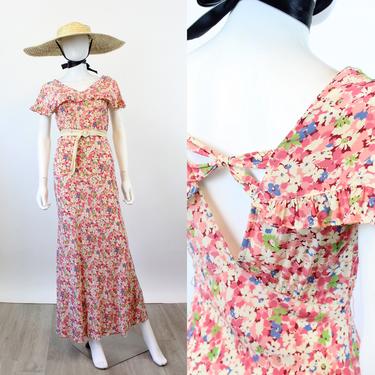1930s RAYON floral CAPE shoulders gown dress small | new spring 