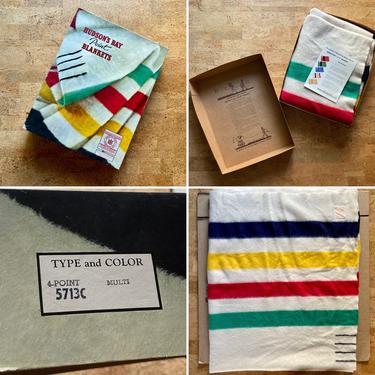 Vintage Hudson Bay 4 Point Candy Stripe Wool Blanket w/ Box Full Size 70x90” AS IS 
