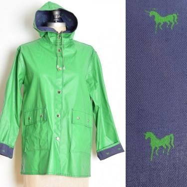 vintage 70s raincoat green vinyl navy UNICORN print jacket slicker coat clothing 