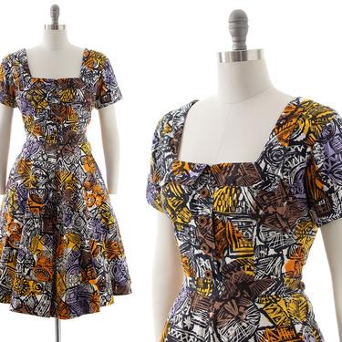 Vintage 1950s Dress Set | 50s Geometric Printed Cotton Button Up Blouse Matching Full Swing Skirt Set (medium) 