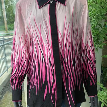1980's Bob Mackie Wearable Art SILK Blouse Hot Pink and Black Flame Tall Grass Print Vented Side Collared Shirt Statement Buttons 