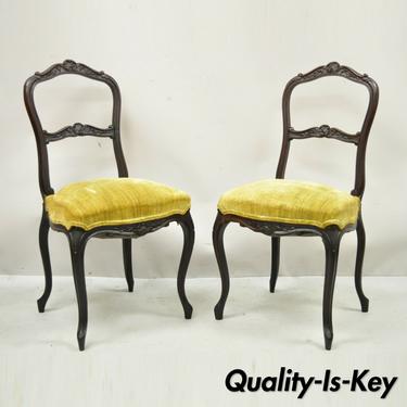 Antique Victorian Carved Rosewood Petite Boudoir Accent Side Chairs - a Pair