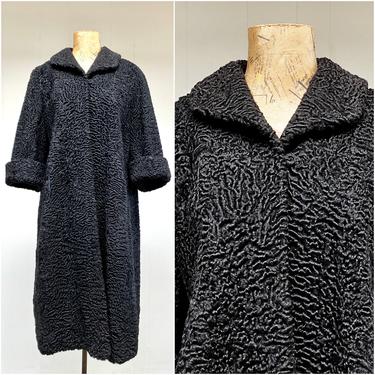 Vintage 1950s Black Curly Lamb Coat, 50s Persian Lamb Winter Coat, Genuine Fur Outerwear, Medium-Large 44&quot; Bust 