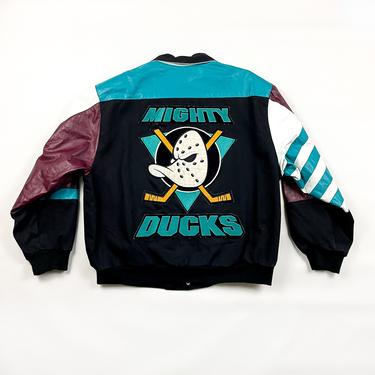 90s The Mighty Ducks Novelty Leather and Canvas Jacket / Bomber Jacket / Pop Culture / Hockey / Jeff Hamilton / XL / Colorblock / Streetwear 