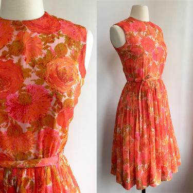 Darling Vintage 50’s Floral CHIFFON Fit Flare JONATHAN LOGAN Dress / Lined + Tie 
