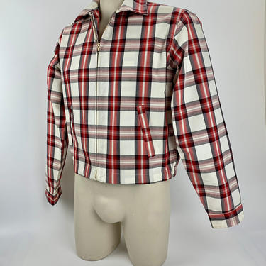 1950's Zip Jacket - PENNEY'S Label - Red Shadow Plaid - Cotton Duck - Slash Pockets - Metal Zipper - Size Men's MEDIUM 