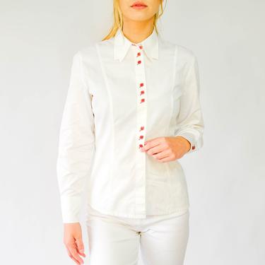 Vintage 90s Escada White Cotton Poplin Shirt w/ Red Buttons & Notched Collar | Made in Portugal | 100% Cotton | 1990s Y2K Designer Blouse 