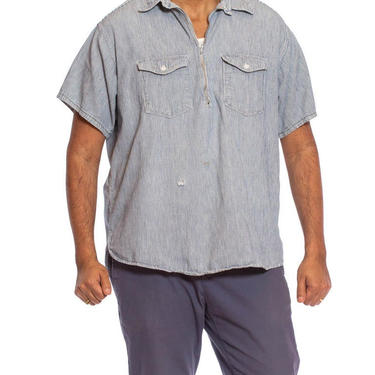 1940S Blue  White Cotton Railroad Stripe Zip Front Pullover Shirt 