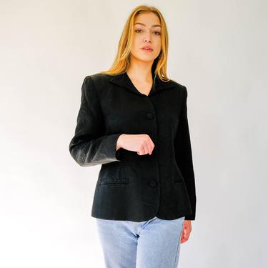 Vintage 80s Christian Dior Black Textured Botanical Stripe Blazer | Made in USA | Power Suit, Broad Shoulder | 1980s DIOR Designer Jacket 