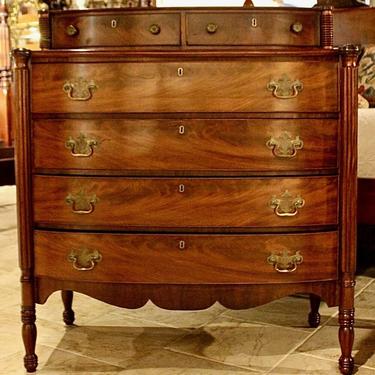 Sheraton Bow Front Chest in Mahogany, Reeded Corner Columns, Circa 1810