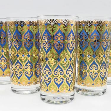 Georges Briard Gold and Blue Glasses (5), Vintage Barware, Vintage Glassware, Cocktail Glasses, Vintage Bar Set, Mid-Century Barware, MCM 
