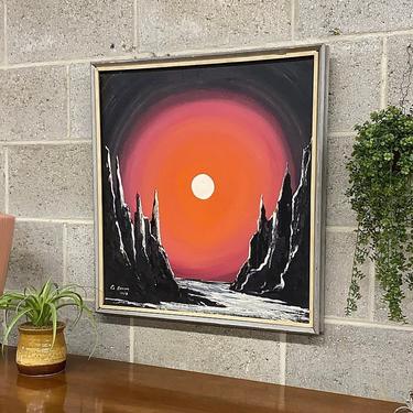 Vintage Sunset Painting 1970s Retro Size 24x23 Mid Century Modern + CE Brown + Ocean Scene + Acrylic on Canvas + MCM + Home and Wall Decor 