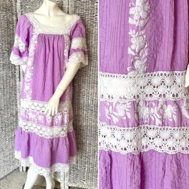 Lavender Mexican Dress, White Embroidery, Crochet Lace, Cut Out, Pin Tucks, Hippie 