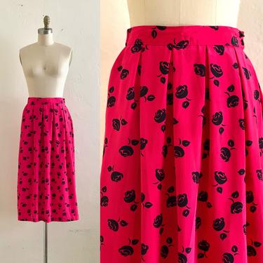 vintage 80's rose print fuchsia skirt // floral midi skirt 