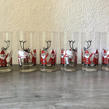 Vintage Set of 6 Georges Briard Christmas Glasses Santa &amp; Reindeer Highball Glasses Holiday Glassware 