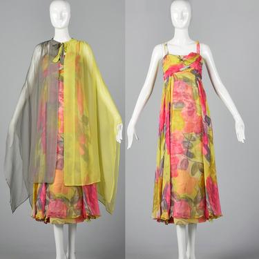 XS 1960s Silk Dress Color Block Cape Floral Print Dress Cocktail Party Evening Sleeveless Pink Green Gray 60s Vintage by StyleandSalvage