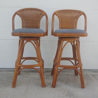Vintage Pair of Rattan and Wicker Swivel Bar Stools - Set of 2 