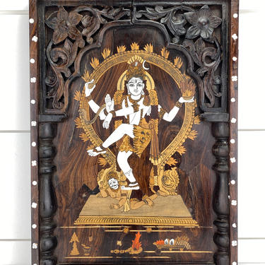 Vintage Goddess Lakshmi Carved Wood Inlay Wall Hanging Hindu Art Panel Sculpture 