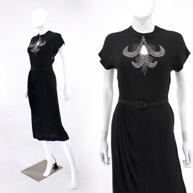 1940s Black Dress - 40s LBD - Black Crepe Cocktail Dress - Vintage 1940s Dress with Silver Tone Studding - 40s Studded Dress   | Size Small 