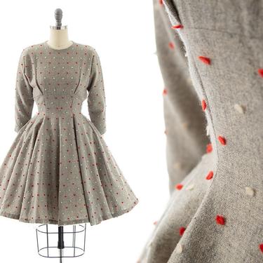 Vintage 1950s Dress | 50s 3D Polka Dot Grey Wool Circle Skirt Winter Dress (x-small/small) 