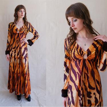 Vintage 70s Tiger O-Ring Dress with Fur Cuffs/ 1970s Long Sleeve Cut Out Maxi Dress/ Size Small Medium 