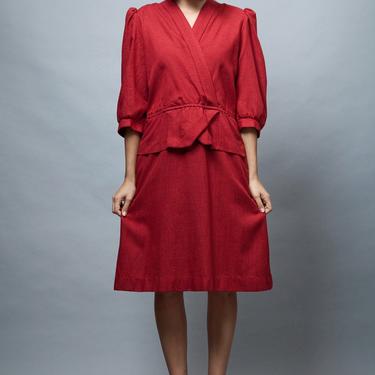 red peplum dress half doll sleeves linen half sleeves vintage 80s M L medium large 