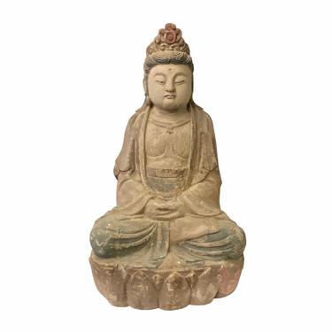 Chinese Rustic Wood Sitting Guan Yin Kwan Yin Bodhisattva Statue ws1538E 