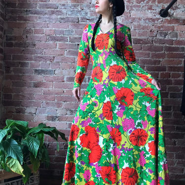 vintage 70s dress | multi colored floral maxi long sleeve dress | bohemian festival dress 