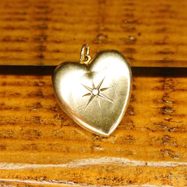Antique EMESCO 14K Gold Mine Cut Diamond Starburst Heart Locket, .02 CT Diamond, 2-Frame Picture Locket, Victorian Mourning Jewelry, 1&amp;quot; L 