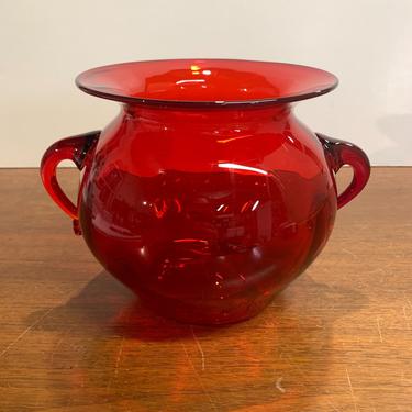 Vintage Ruby Red Blown Glass Handled Pot Vase Bowl Mid Century Modern 